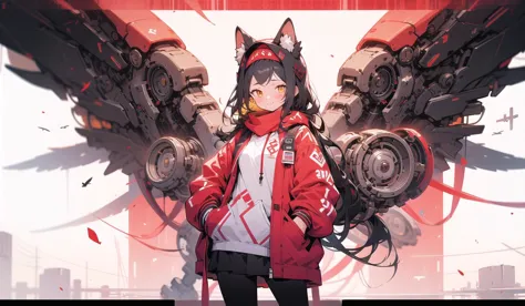 red mechanical wings, 1girl, long hair, animal ears, jacket, looking at viewer, solo, black hair, long sleeves, pantyhose, hand in pocket, black pantyhose, very long hair, hands in pockets, bangs, closed mouth, standing, red jacket, yellow eyes, smile, hood, parted bangs, hood down
<lora:giganticmechanicalwingsv3-000015:1>