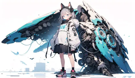 blue mechanical wings, 1girl, skirt, blue eyes, sneakers, shoes, solo, jacket, black skirt, open clothes, long sleeves, pleated skirt, standing, puffy long sleeves, shirt, white shirt, looking at viewer, grey hair, sleeves past wrists, puffy sleeves, black jacket, white background, closed mouth, open jacket, bangs
<lora:giganticmechanicalwingsv3:1>