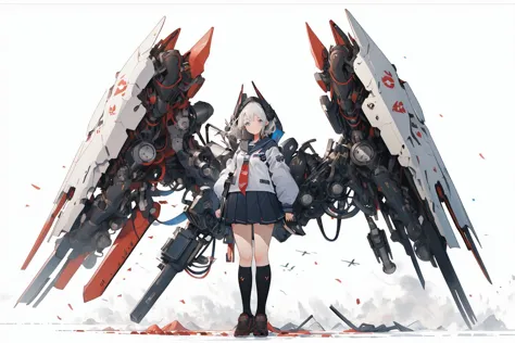 anime girl standing in front of a giant robot with a sword