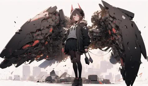 black mechanical wings, 1girl, red eyes, pantyhose, solo, long hair, skirt, jacket, black pantyhose, hood, shoes, headgear, pleated skirt, black skirt, long sleeves, standing, brown hair, bangs, gloves, white background, black jacket, looking at viewer, hoodie, open clothes, closed mouth, black footwear, black gloves<lora:giganticmechanicalwings-pynoise-000010:1>