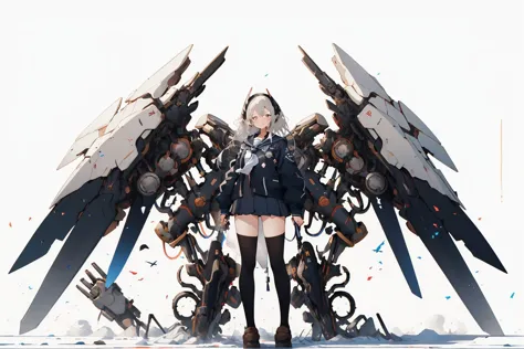 anime girl standing in front of a giant robot with wings