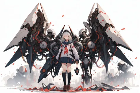 symmetrical  mechanical wings with big fans, (1girl), solo, school uniform,standing, white background,  looking at viewer, open clothes,  <lora:GiganticBoosterWingsConcept:1>, (masterpiece, best quality, high quality, highres, ultra-detailed),