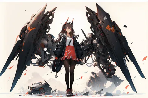 symmetrical  mechanical wings, 1girl, solo, red eyes,  long hair, skirt, jacket, black pantyhose, hood, shoes, headgear, pleated skirt, black skirt, long sleeves, standing, brown hair, bangs, gloves, white background, black jacket, looking at viewer, hoodie, open clothes, closed mouth, black footwear, black gloves , <lora:GiganticBoosterWingsConcept:1>, (masterpiece, best quality, high quality, highres, ultra-detailed),