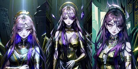 three anime girls with long purple hair and purple hair