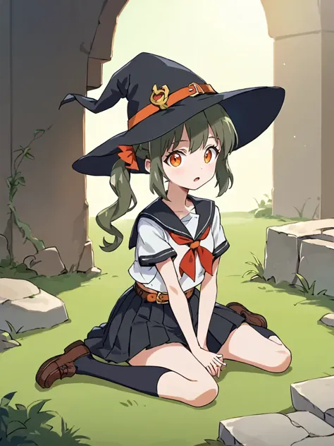 anime girl in a witch hat sitting on the ground