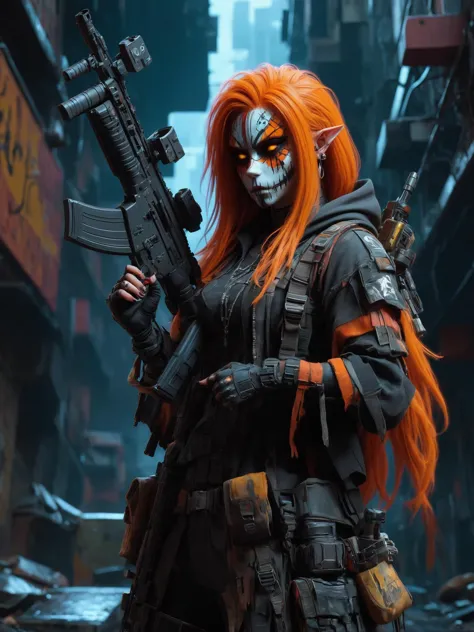 cinematic shot, dramatic lighting, woman, mad-hllwnrs, hood-up, long orange hair, dynamic pose, (holding rifle:1.3), dimly lit, ...