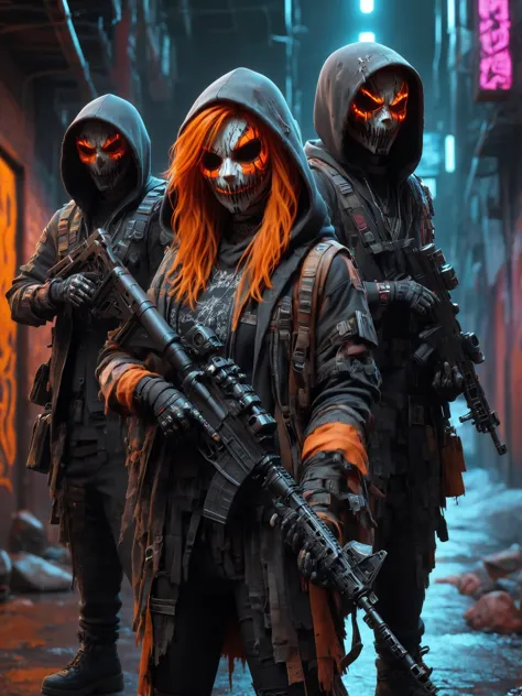 cinematic shot, dramatic lighting, 2men and 2women, mad-hllwnrs, scary mask, hoodie, hood-up, orange hair, dynamic pose, (holdin...