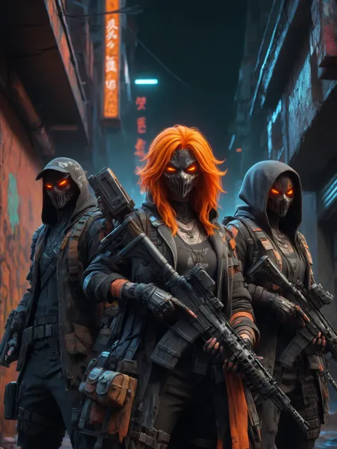 cinematic shot, dramatic lighting, 2men and 2women, mad-hllwnrs, hood-up, orange hair, dynamic pose, (holding rifle:1.3), dimly ...