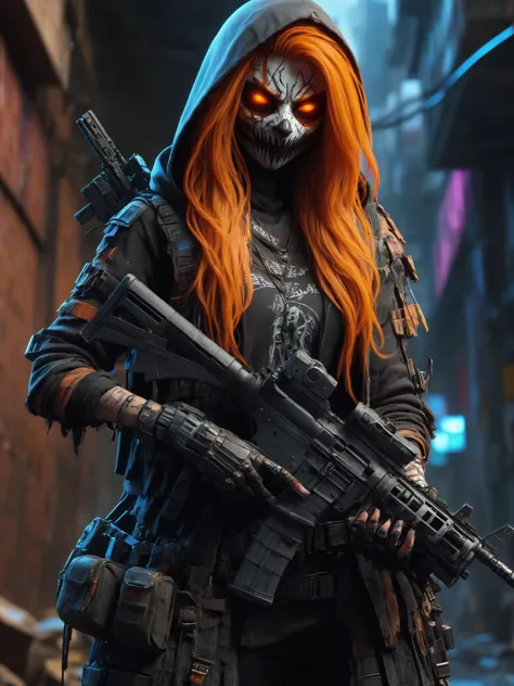 cinematic shot, dramatic lighting, woman, mad-hllwnrs, hood-up, long orange hair, dynamic pose, (holding rifle:1.3), dimly lit, futuristic urban alleyway, garbage, filith, neon lights, graffiti-covered walls <lora:Neon_Cyberpunk_SDXL_Ancients:0.6>, (masterpiece:1.2), best quality, (hyperdetailed, highest detailed:1.2), high resolution textures