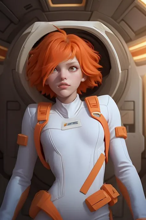 a woman in a white suit and orange hair standing in a space station