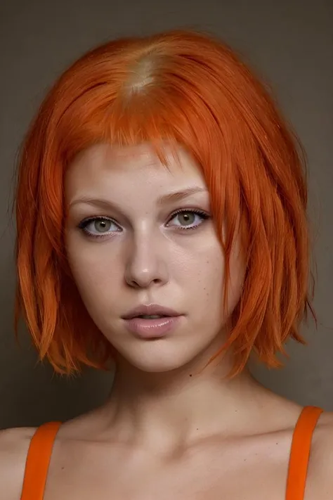 a woman with bright orange hair and a bright orange top