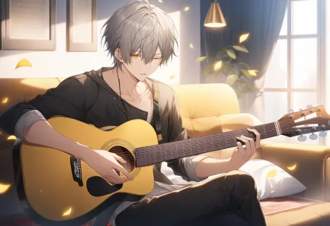 cinematic photo (masterpiece), (best quality), (ultra-detailed),  caelus, honkai: star rail, 1boy, solo, playing guitar, living room, grey hair, short hair, yellow eyes, downturned eyes, passionate expression, casual clothes, acoustic guitar, sheet music stand, carpet, couch, window, sitting pose, strumming guitar, eyes closed., illustration, disheveled hair, detailed eyes, perfect composition, moist skin, intricate details, earrings . 35mm photograph, film, bokeh, professional, 4k, highly detailed