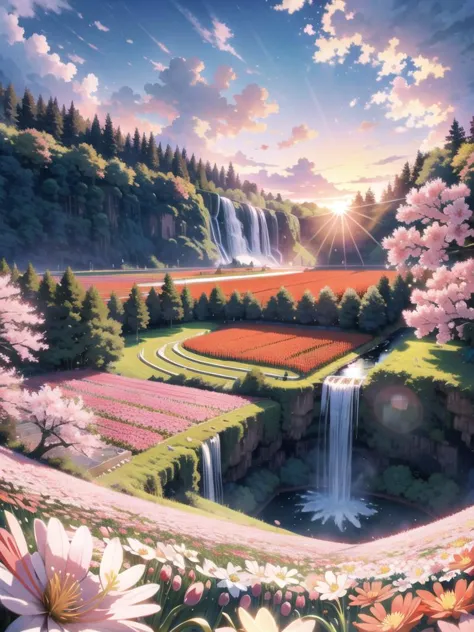 flowerfield, sunset, forest in the background, waterfall in the background, sakura trees in the background