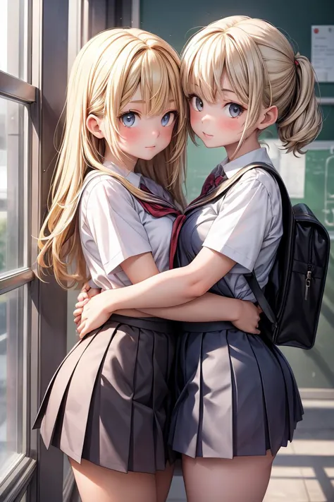 (masterpiece, best quality), 2girls, hug, blonde, school uniform, size difference, 