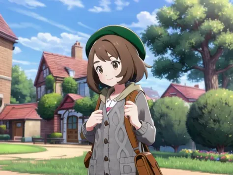 <lora:pokemonswshstyle-08:0.7> 1girl, solo, smile, short hair, bangs, brown hair, long sleeves, hat, dress, brown eyes, closed m...