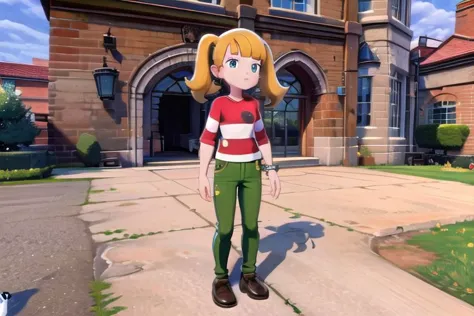 masterpiece,  nice hands, best quality,  1girl, penny, solo, blonde hair, twintails, blunt bangs, flat chest, (red shirt, single stripe, striped shirt), pants, green pants, brown shoes, wide shot, scenery,