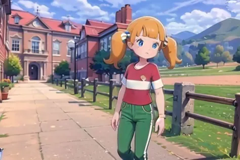 masterpiece,  nice hands, best quality,  1girl, penny, solo, blonde hair, twintails, blunt bangs, flat chest, (red shirt, single stripe, striped shirt, white stripe), pants, green pants, brown shoes, wide shot, scenery, blue eyes, subject in background