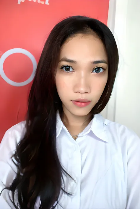 a close up of a woman with long hair wearing a white shirt