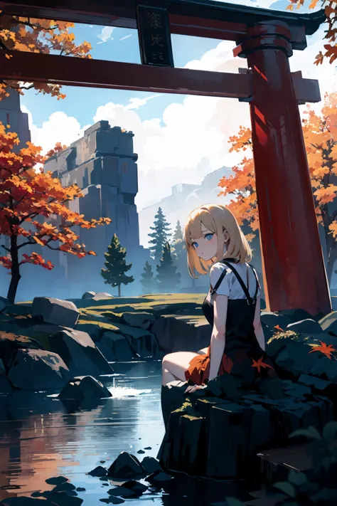 anime girl sitting on a rock in front of a red tori tori gate