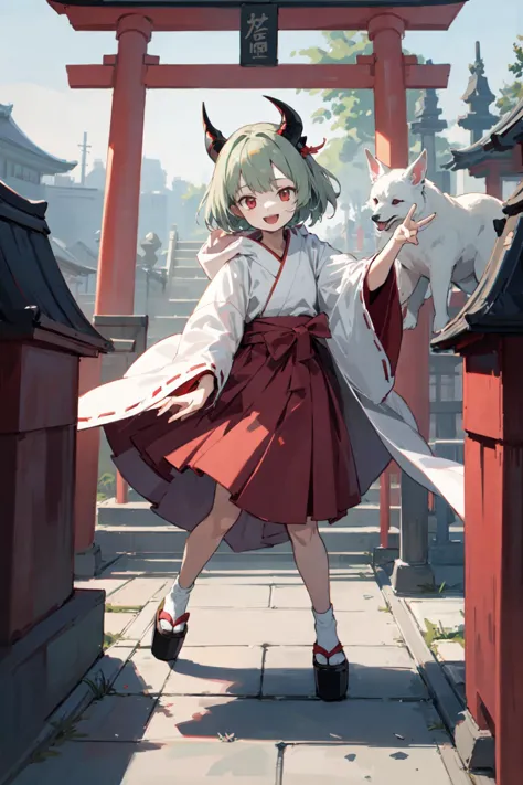 anime girl in a kimono outfit with a goat in front of a gate