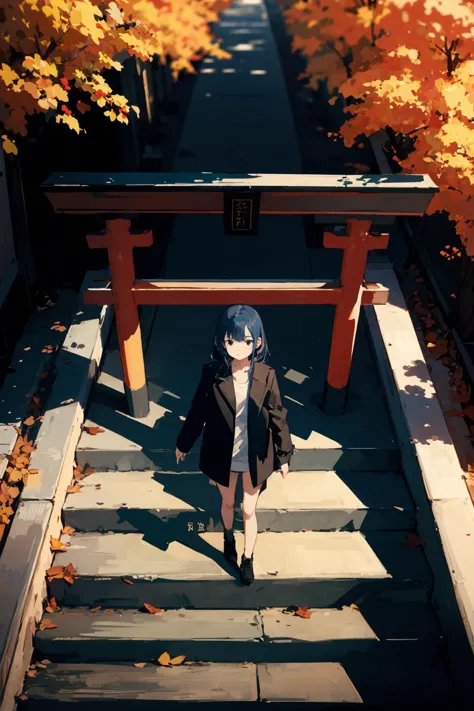 anime girl standing on steps in front of a tori tori gate