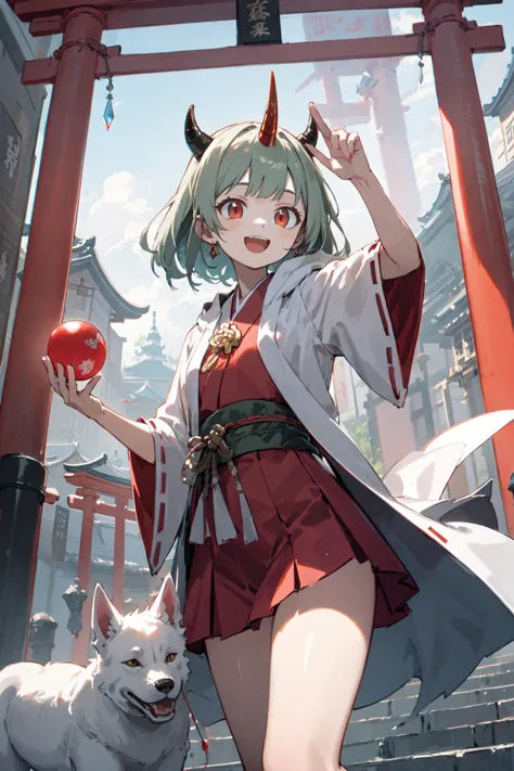 anime girl with horns and a red apple in front of a gate