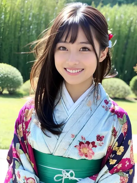 beautiful photo, shiny skin, 1girl, solo, looking at viewer, brown hair, brown eyes, japanese clothes, kimono, grin, white kimon...