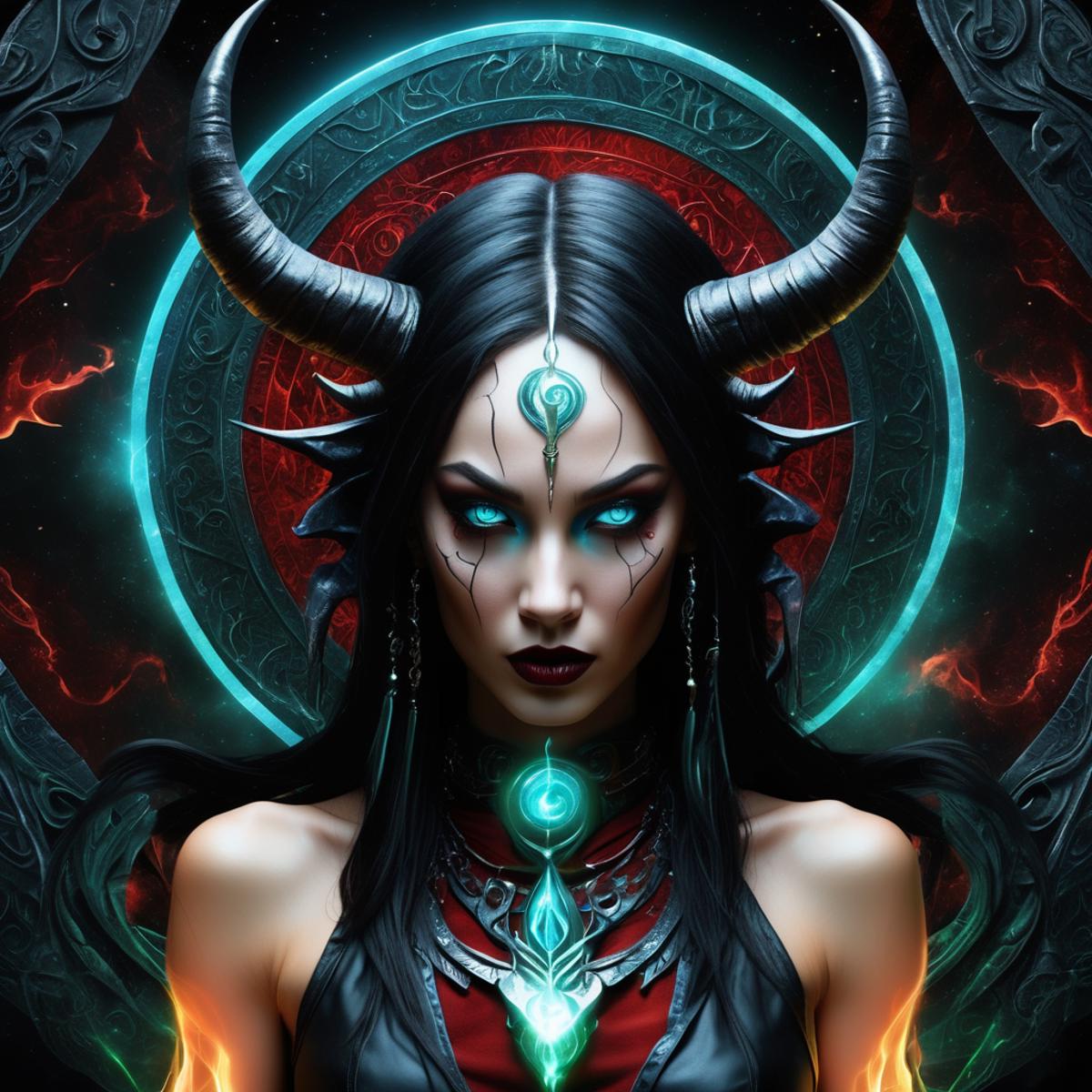 A woman with horns and a demon face in a dark background - SeaArt AI