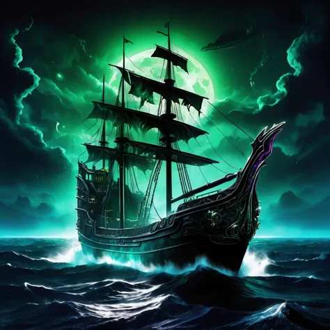 ((best quality)), ((masterpiece)), ((realistic,digital art)), (hyper detailed),DonMD34thM4g1cXL, magical,eerie,  Sea Ship (Adven...
