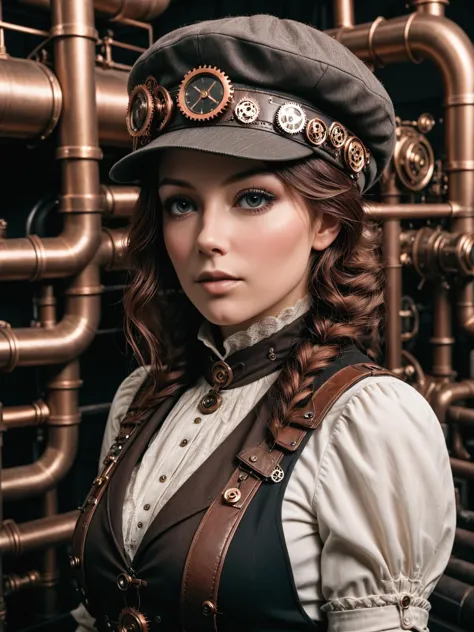 arafed woman in a steam - punk hat and leather vest