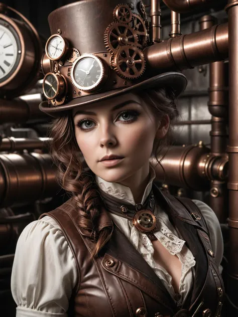 there is a woman wearing a steam punk hat and a leather vest