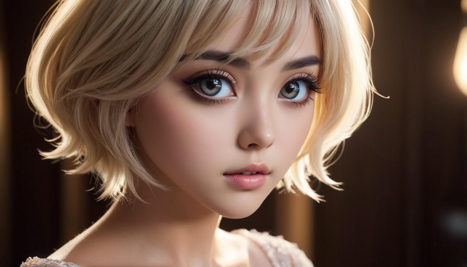 A close up of a woman with a short blond hair and blue eyes - SeaArt AI