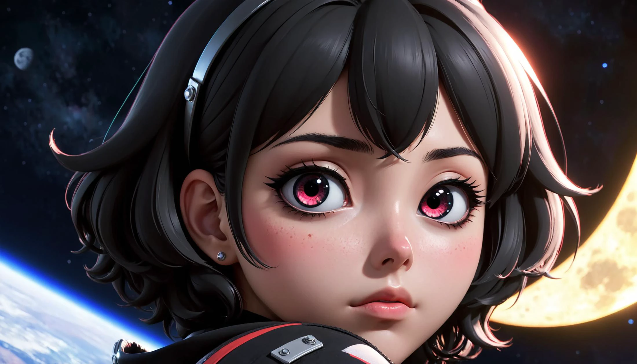 1girl, solo, close-up, space, planets, night, crescent moon, ass, Caroline \(Persona 5\), embarrassed, nose blush, a time traveler stuck in a post-apocalyptic world , fracolor, frc1, shy, embarrassed,, (8k, masterpiece, best quality, ultra-detailed),  (an extremely delicate and beautiful)kawaii, cute, very big eyes, Aesthetic Anime Eyes, small face,  large breasts, cinematic lighting, , Intricate, High Detail, Sharp focus, dramatic,   masterpiece, best quality, ultra-detailed,, very thin waist, big ,slim body,