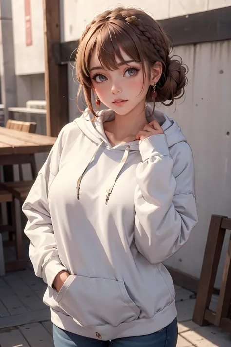 (masterpiece, best quality), 1girl, Raspberry Boho Braided Updo, Size G breasts,    <lora:OversizedClothes_FefaAIart:1> oversized hoodie