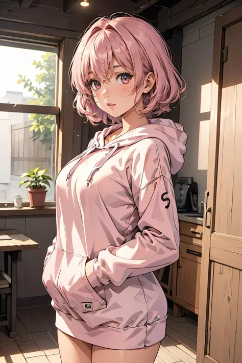 anime girl in pink jacket standing in kitchen with open window