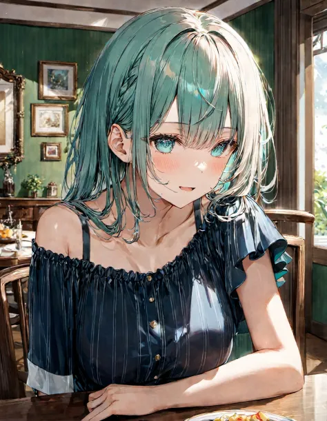 1girl,  __06TagHairColor__, aqua eyes Dining room, __05ArmMotion__ ,masterpiece, best quality,