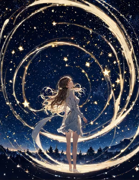 1girl, Design an image showcasing the allure of a starry night sky, with a myriad of twinkling stars, constellations, and the Mi...