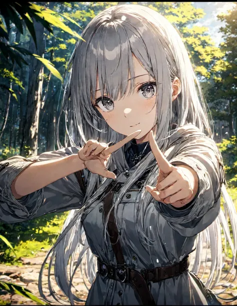 anime,1girl,white long hair,gray eyes, game cg, solo, double v, looking at viewer, upper body, cinematic angle, depth of field, outdoors, masterpiece, best quality