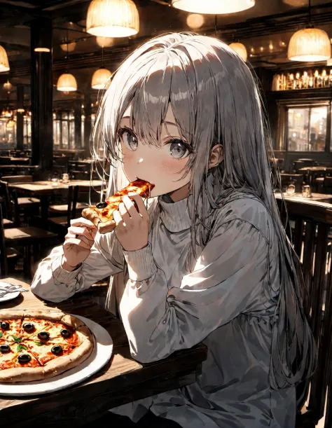 anime,1girl,white long hair,gray eyes, white shirt, long sleeves, turtleneck, sitting, looking at viewer, eating, pizza, plate, ...