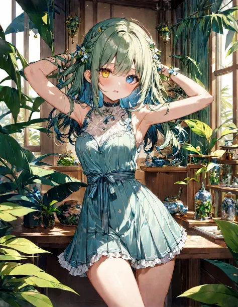 1girl,  __06TagHairColor__, heterochromia Botanical Oasis room, __05ArmMotion__ ,masterpiece, best quality,