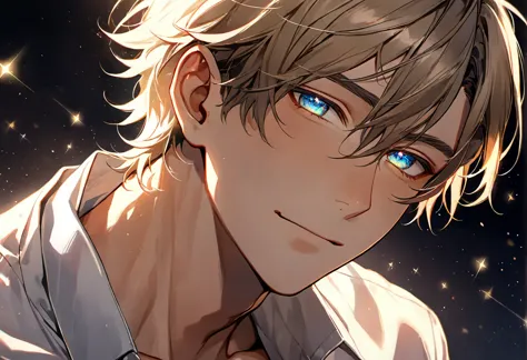 anime boy with blue eyes and blonde hair looking at the camera