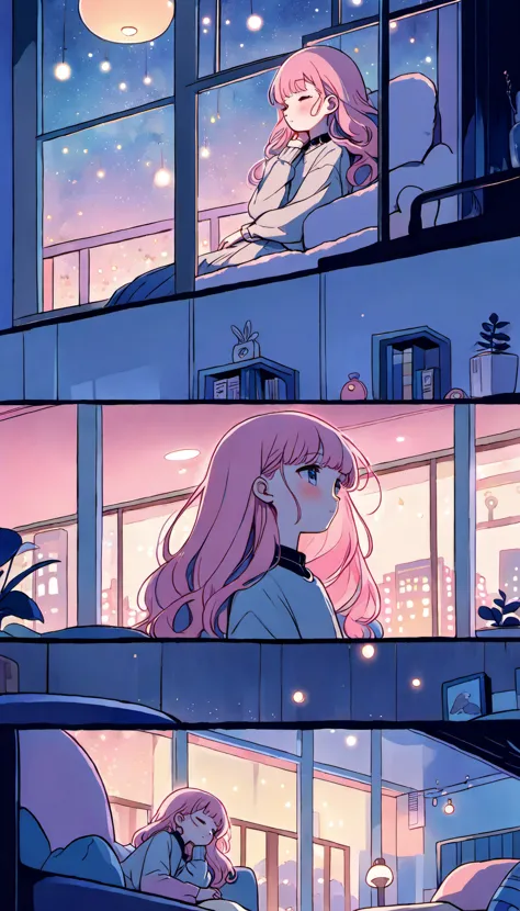 <lora:Kilian-Eng-Style:1> Kilian Eng Style page cute girl, (((lofi))), cozy night, pastel hair,masterpiece,dim lights, soft colorful lighting, nighttime, long hair, soft aesthetic, pastel pink+blue theme, detailed modern interior, by a window, casual clothes, in the styles of Anna Dittmann and Alena Aenami, dynamic angle (dreamy illustration:1.2) (calm and serene:1.3) (soft, muted colors:1.2) (gentle lighting:1.2) (tranquil night:1.1)