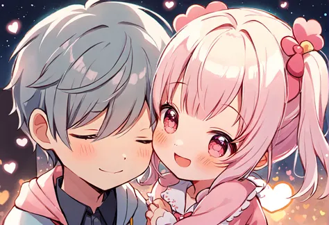 anime couple kissing in front of a starr sky with hearts