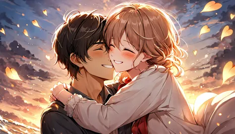 anime couple kissing in the sky with falling leaves