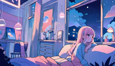 <lora:Kilian-Eng-Style:1> Kilian Eng Style page cute girl, (((lofi))), cozy night, pastel hair,masterpiece,dim lights, soft colorful lighting, nighttime, long hair, soft aesthetic, pastel pink+blue theme, detailed modern interior, by a window, casual clothes, in the styles of Anna Dittmann and Alena Aenami, dynamic angle (dreamy illustration:1.2) (calm and serene:1.3) (soft, muted colors:1.2) (gentle lighting:1.2) (tranquil night:1.1)