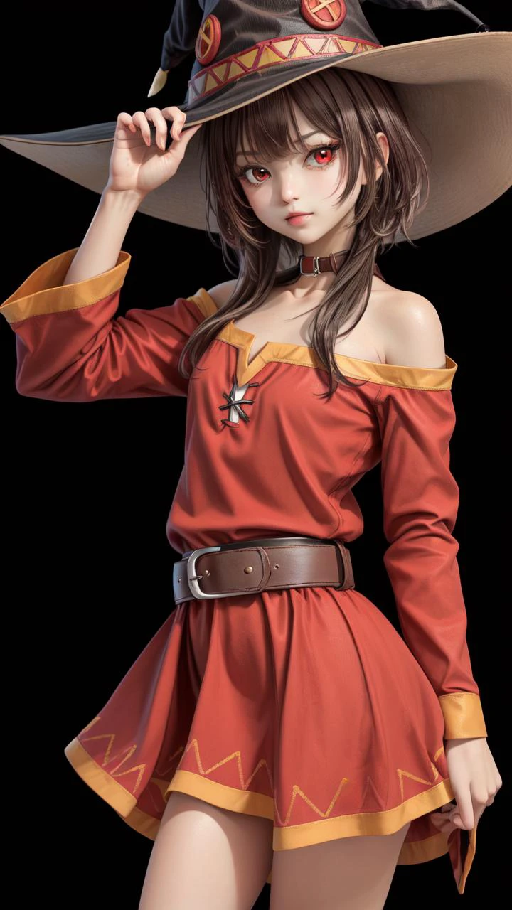 (chef-d&#39;œuvre, 4k,  Meilleure qualité:1.2, ((tir de cow-boy)), Meilleure qualité:1.2, belles mains, Coloré, (des mains parfaites, Anatomie parfaite)), Megumin, Cheveux courts, robe, red robe, a, witch a, ceinture, ((fond simple, fond noir))