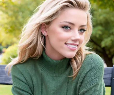 Amber Heard sitting on a park bench. Looking into the camera. Dark green makeup. Smiling. Wearing jeans and a sweater. Daytime, sunshine. Matte skin, pores, hyperdetailed, hyperrealistic. Natural, realistic, photograph. <lyco:Amber Heard:1>