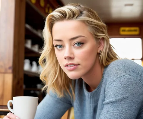 blonde woman sitting at a table with a cup of coffee