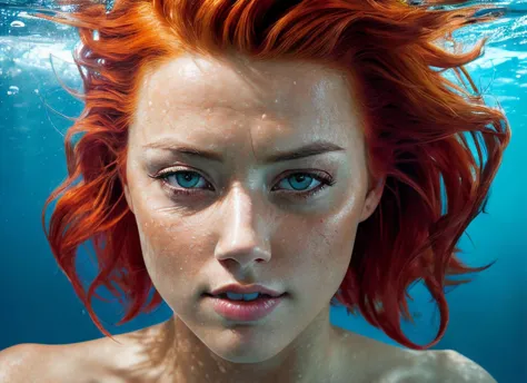 redhead haired woman with blue eyes underwater in clear blue water