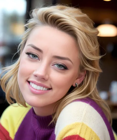 a close up of a woman with a colorful sweater and earrings